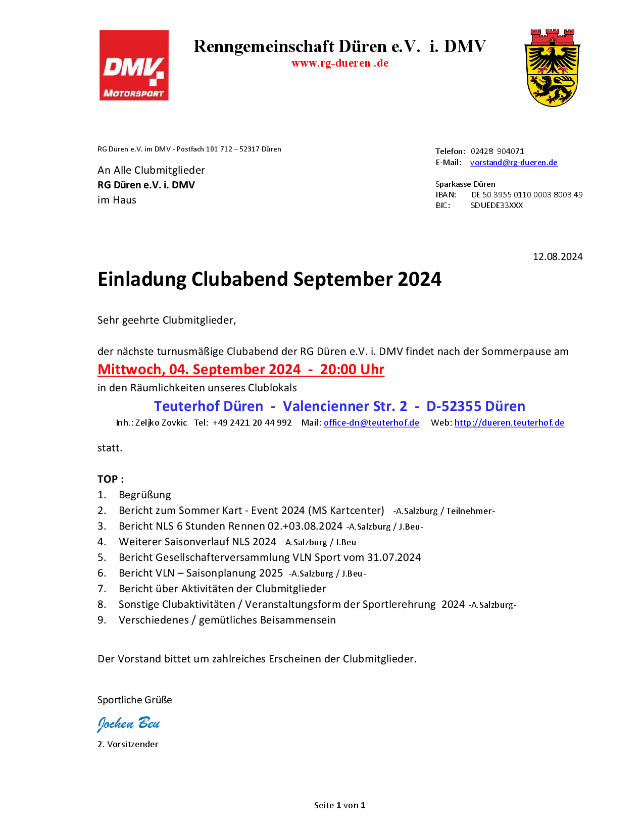 Einladung Clubabend 04. September